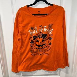 HALLOWEEN women size XL 16/18 T- SHIRT ORANGE TRICK OR TREAT BLACK FELT PUMPKIN